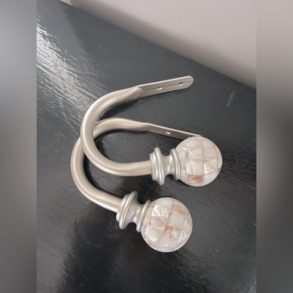 2 Decorative Curtain Hooks Silver and Pearl, neutral tone pattern